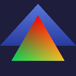 Software-renderer screenshot of two overlapping triangles. The nearer triangle occludes the farther triangle and its interior smoothly interpolates red, green, and blue vertex colors.